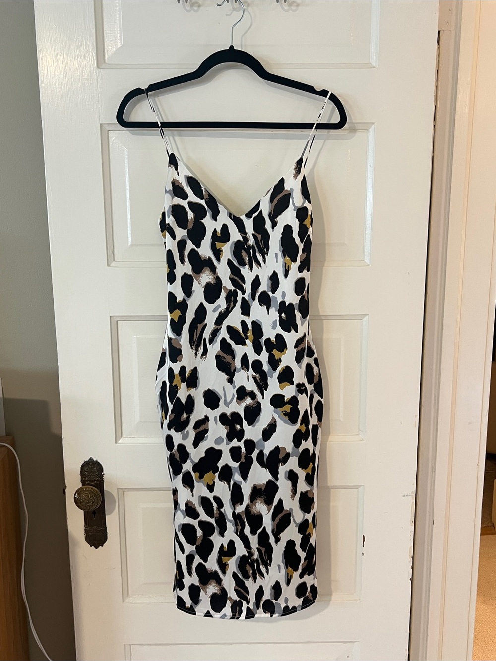 superdown White Leopard Print Slip Dress with Black and Brown Spots